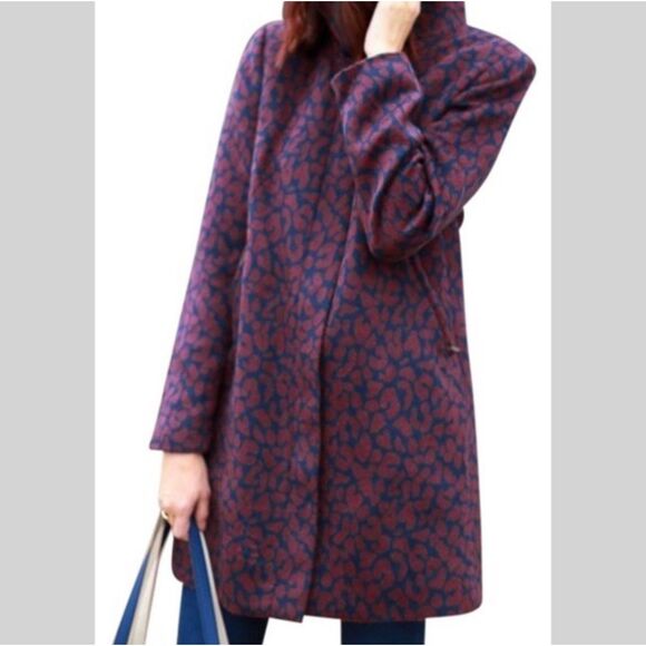 Ann Taylor LOFT Red Leopard Print, Funnel Neck, Navy Blue Coat size M - Picture 2 of 10